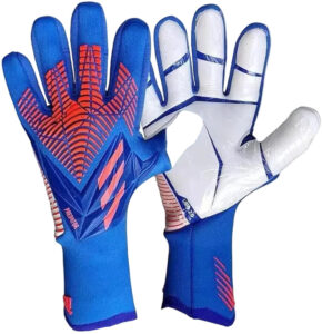 Pair of blue goalkeeper gloves with red grip patterns and white padded palms on the fingertips side.