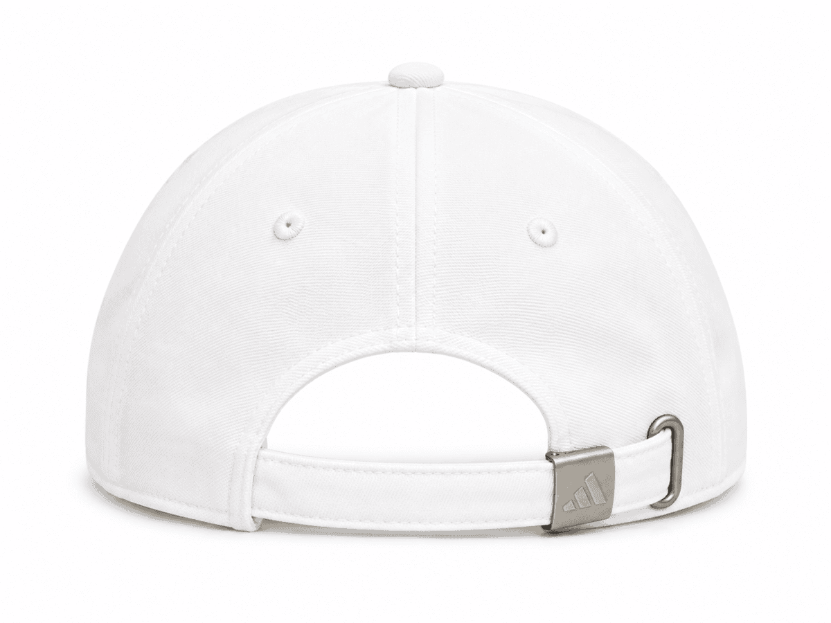 Back view of a white baseball cap with an adjustable strap and metal buckle