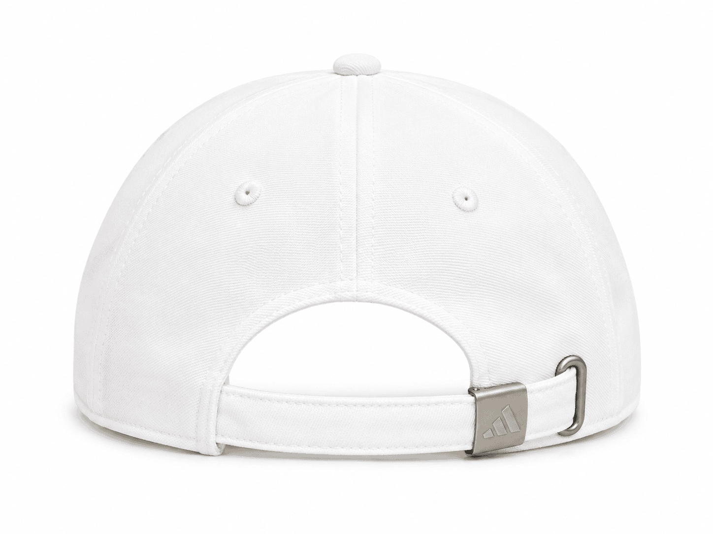 6C75DF6B-2885-4BC0-99DB-CC6C194183DA | UAE SPORT STORE Back view of a white baseball cap with an adjustable strap and metal buckle