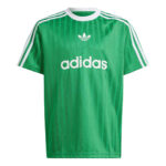 Green Adidas soccer jersey with white stripes on shoulders and Adidas logo; front displays 'adidas' text.