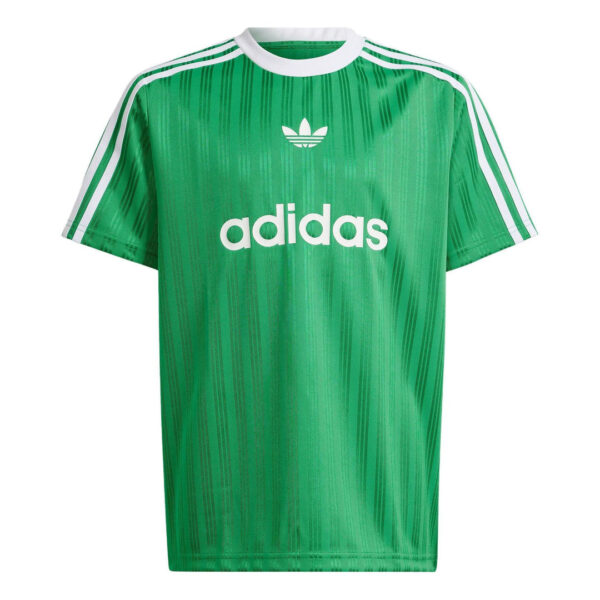 Green Adidas soccer jersey with white stripes on shoulders and Adidas logo; front displays 'adidas' text.