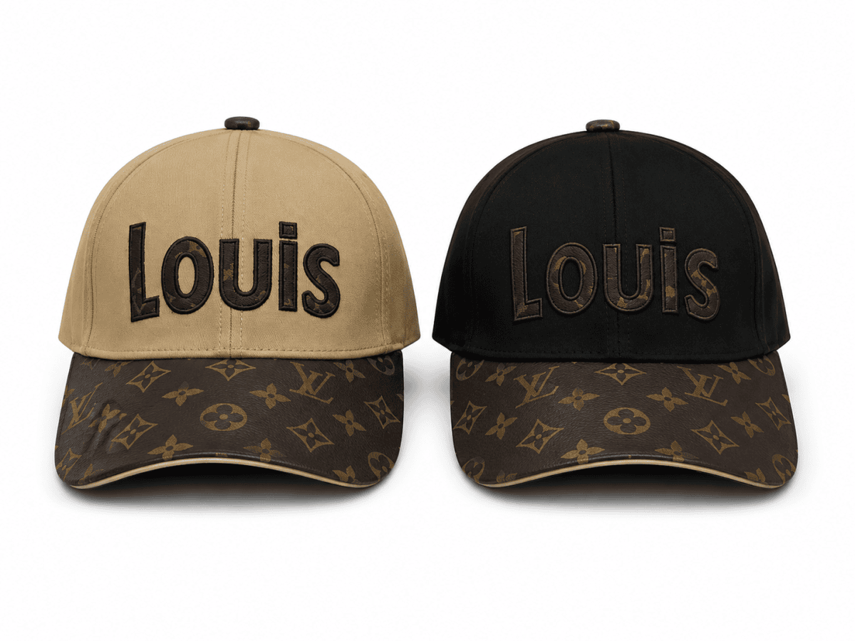 Pair of Louis Vuitton caps: a beige crown with dark brown 'Louis' embroidered, and a black crown with brown 'Louis', both on LV monogram brims.