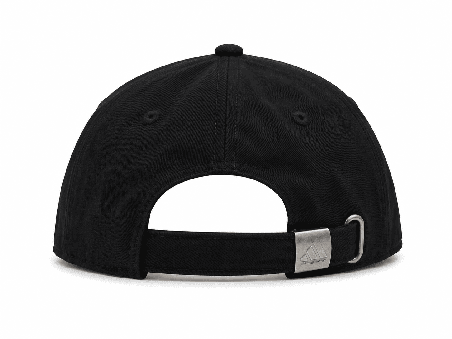 6F36A345-A569-420F-90D8-9E11779AE499 | UAE SPORT STORE Back view of a black baseball cap with an adjustable strap and metal buckle featuring an Adidas logo on the buckle.
