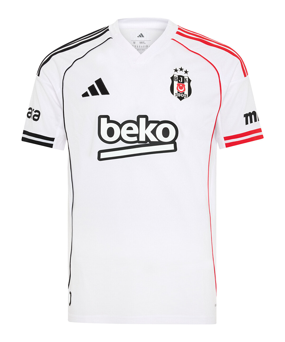 6KS4E0100001-01_8 | UAE SPORT STORE White BeÅŸiktaÅŸ football jersey with black Adidas stripes, red piping, and 'beko' sponsor logo on the chest.