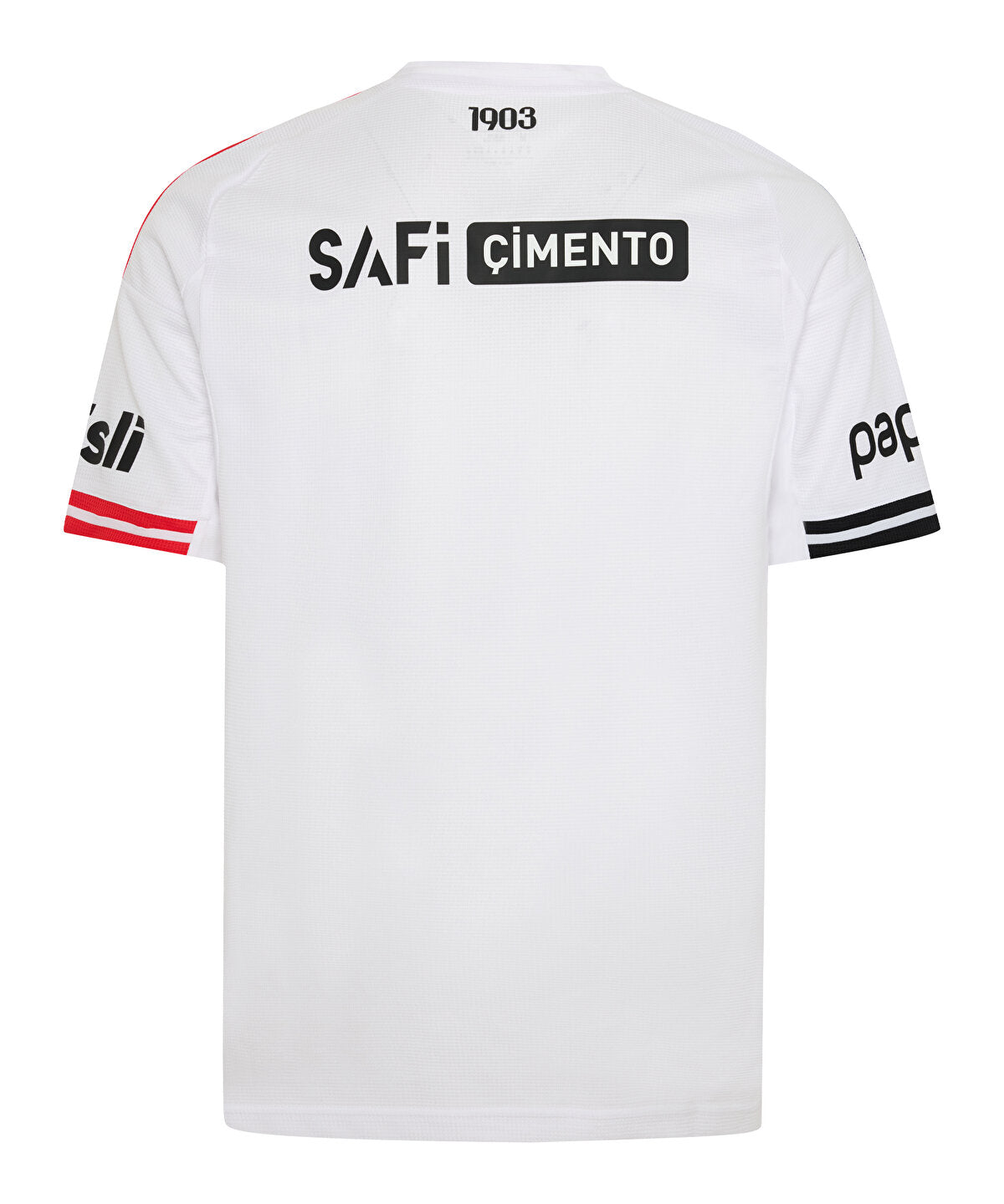6KS4E0100001-01_9 | UAE SPORT STORE White back-view of a short-sleeve jersey with SAFi CIMENTO branding and red/black sleeve stripes, 1903 at the collar edge