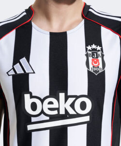 Beşiktaş JK soccer jersey with black-and-white stripes, club crest (BJK 1903) and 'beko' sponsor logo.