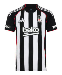 Black-and-white striped soccer jersey with sponsor 'beko' across the front and a crest on the chest