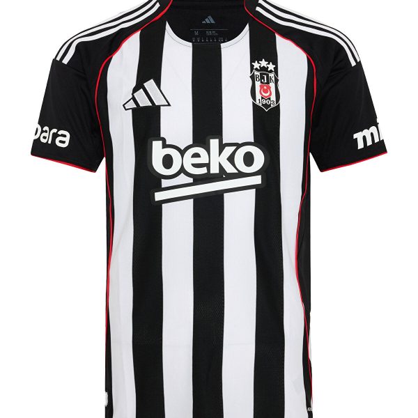 Black-and-white striped soccer jersey with sponsor 'beko' across the front and a crest on the chest