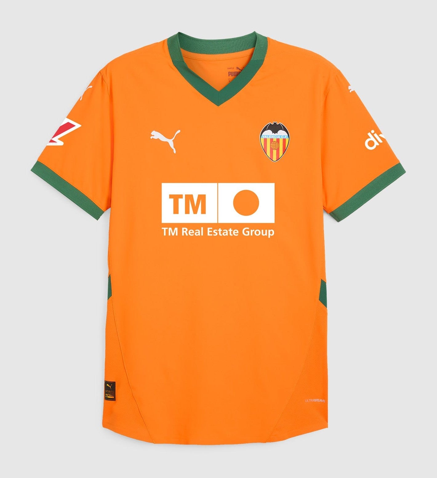 6UWGBk5nb4YsGIj | UAE SPORT STORE Valencia CF orange home jersey with green V-neck collar, team crest, Puma logo, and TM Real Estate Group sponsor on the front.