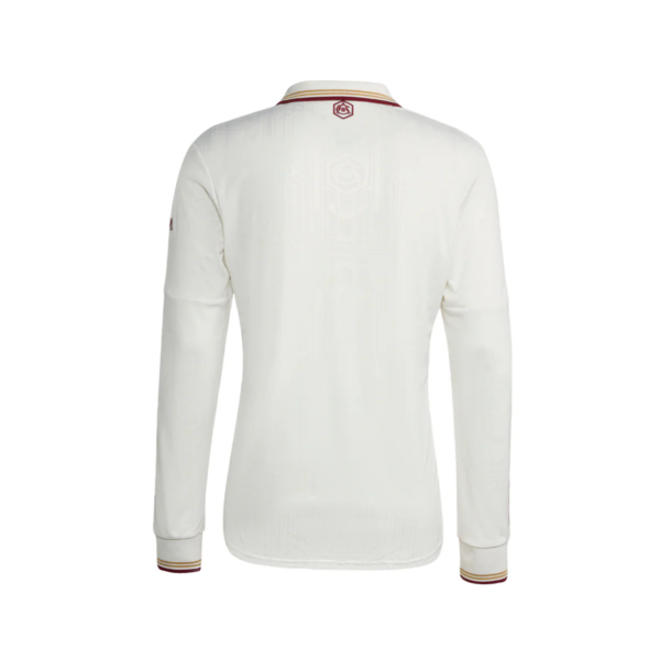 Back view of a white long-sleeve polo shirt with maroon-yellow striped collar and cuffs, subtle crest at the upper back.