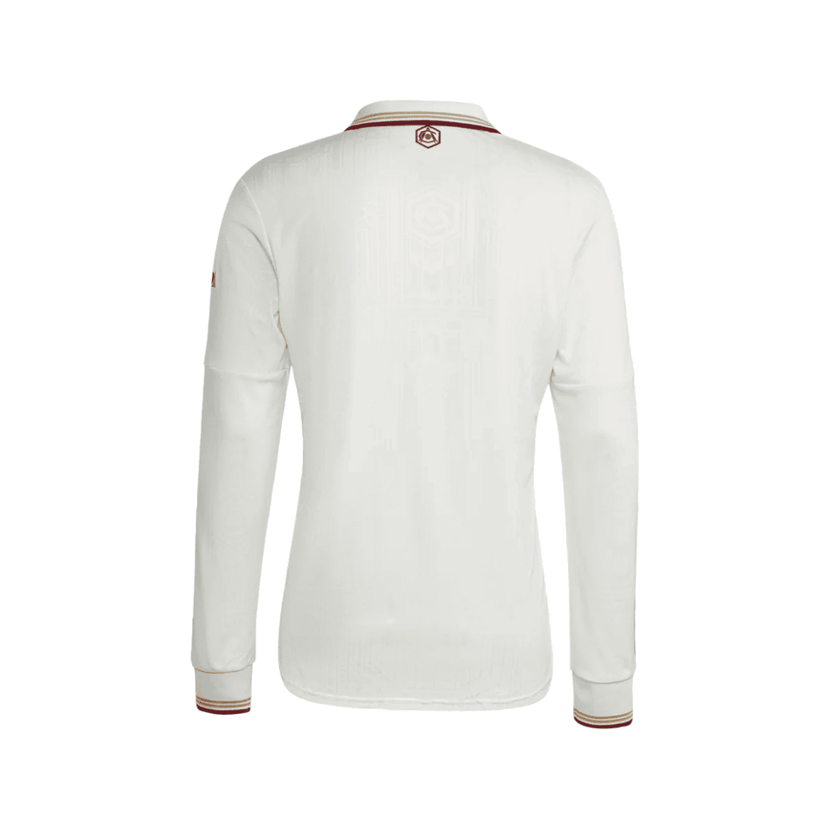 6YS | UAE SPORT STORE Back view of a white long-sleeve polo shirt with maroon-yellow striped collar and cuffs, subtle crest at the upper back.
