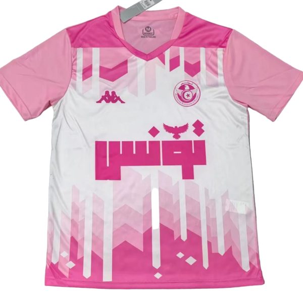 Pink and white sports jersey with geometric pink design, featuring Kappa logo on the left chest and a circular crest on the right; bold pink graphic across the midsection and pink geometric pattern along the lower half.