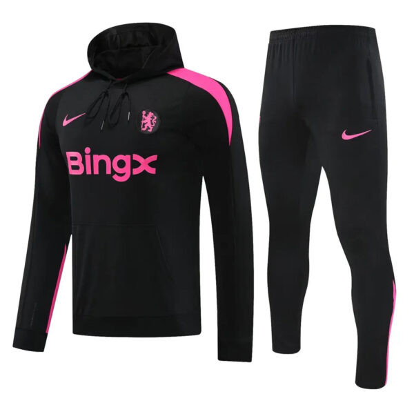 Chelsea FC black training hoodie and joggers with pink accents and Bingx sponsor; Nike logos visible on chest and pants.