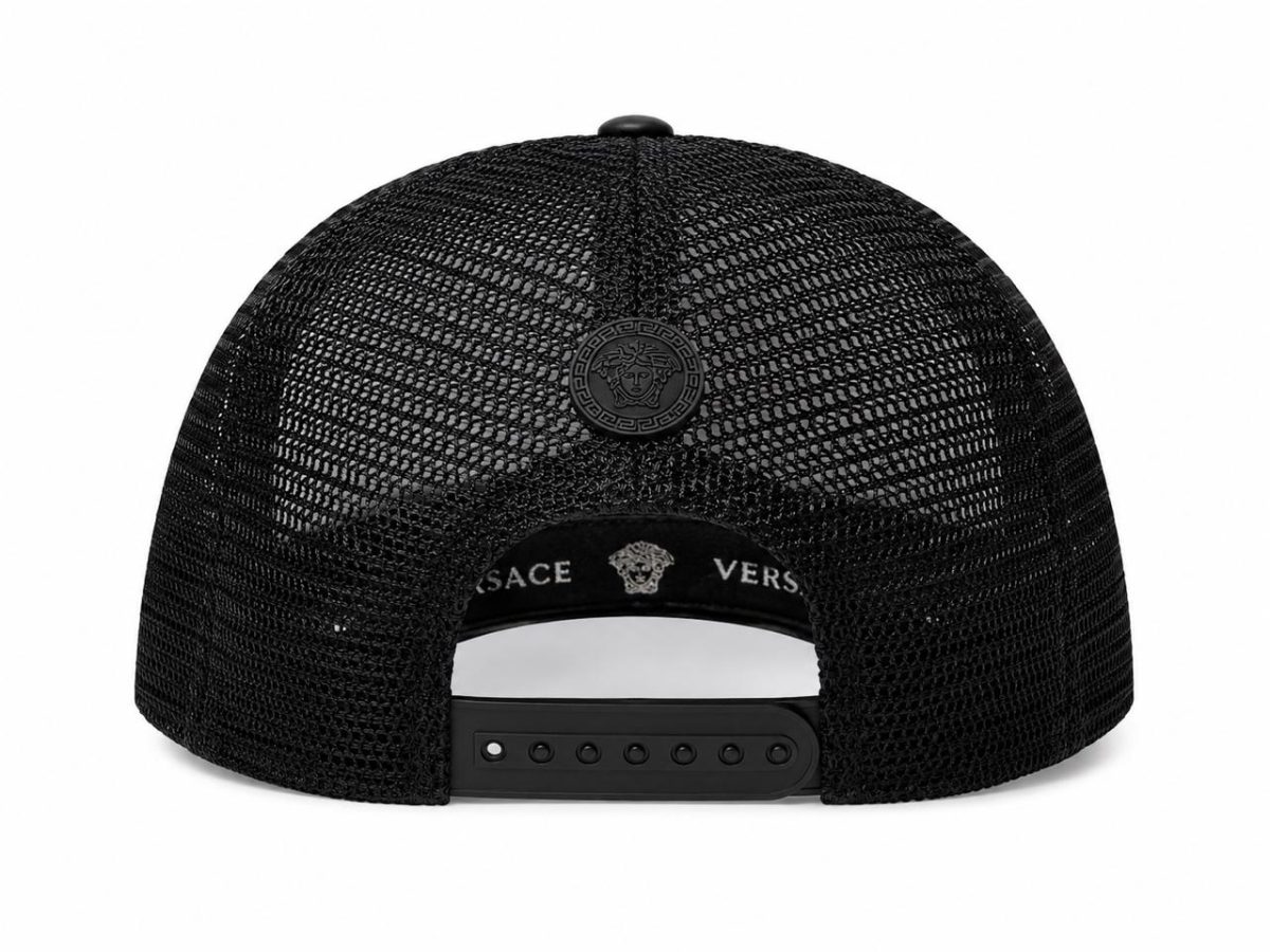 Rear view of a black mesh snapback cap with an adjustable strap and Versace emblem on the band.