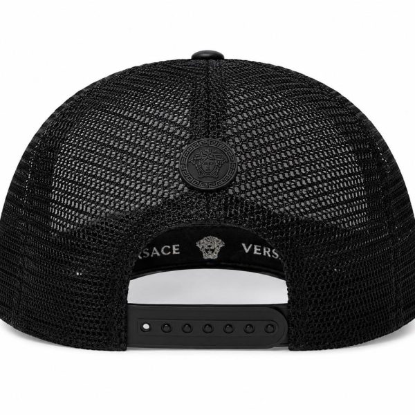 Rear view of a black mesh snapback cap with an adjustable strap and Versace emblem on the band.