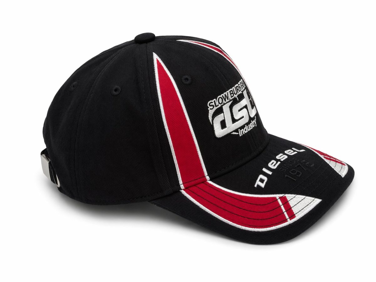 Black baseball cap with red and white racing stripes and embroidered logos on the front panel and brim.