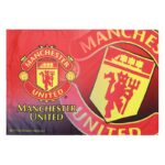 Manchester United flag with the club crest and the words 'Manchester United' in yellow on a red background.