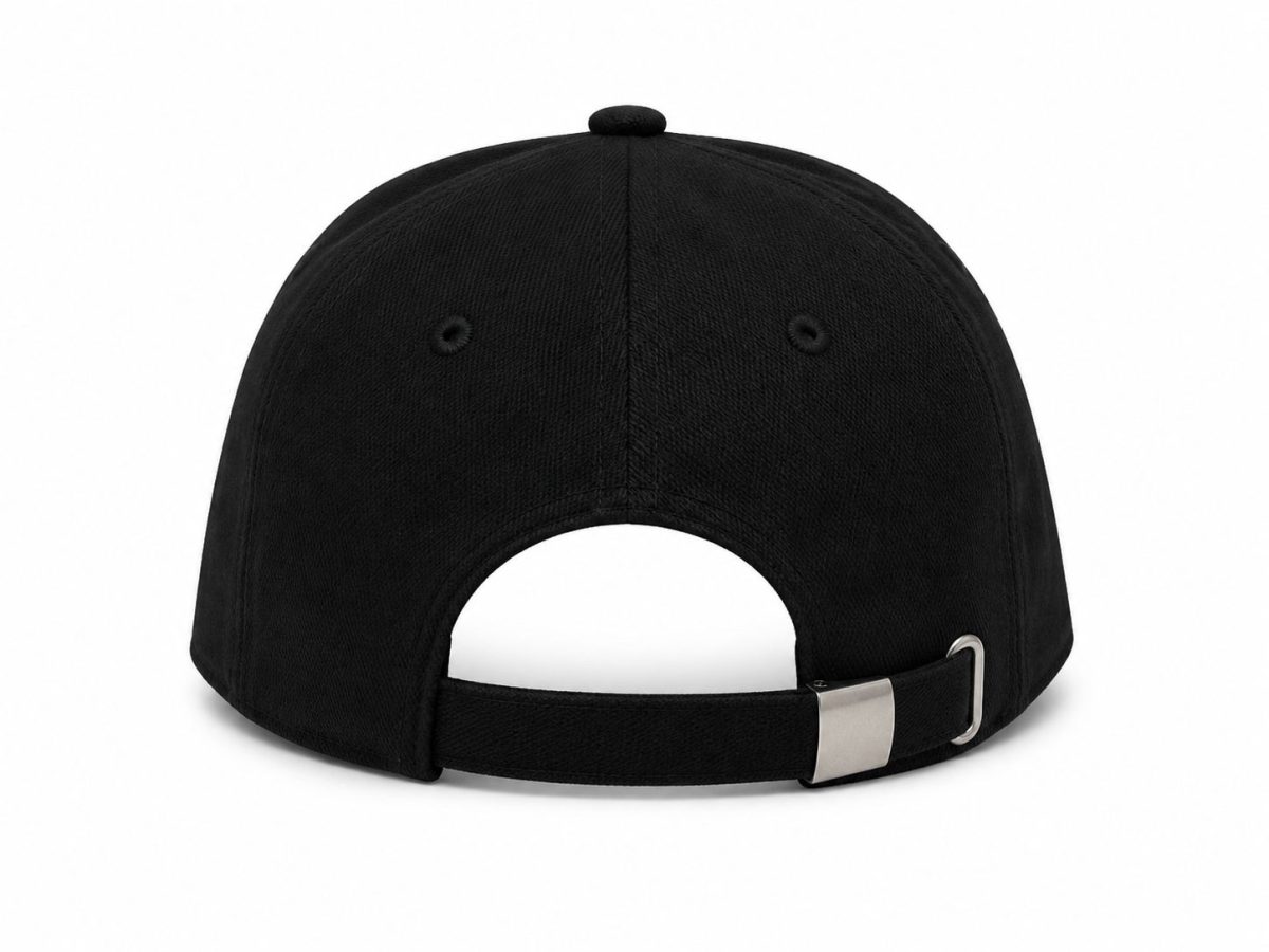 Back view of a black baseball cap with an adjustable strap and silver buckle at the back, on a white background.