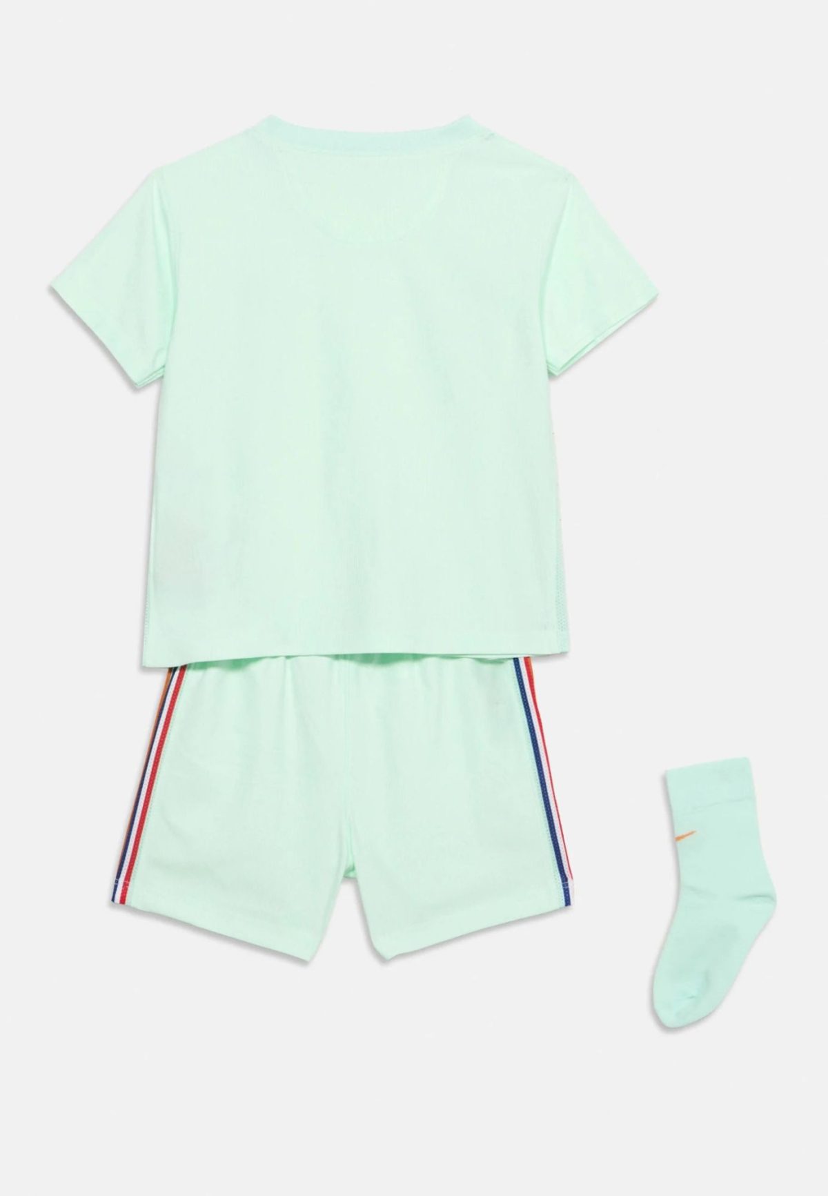 Mint green short-sleeve top and matching shorts with red and blue striped trim, laid out flat with a sock nearby (clothes set).