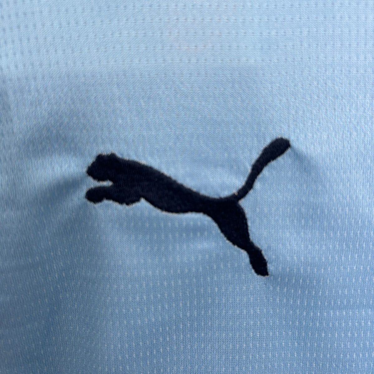 Close-up of light blue denim fabric with a dark irregular black streak across it.