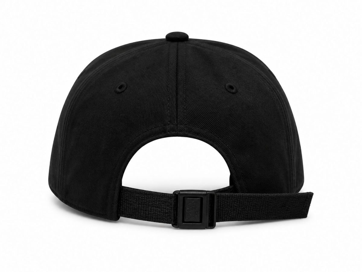 Back view of a black baseball cap with an adjustable strap and plastic buckle