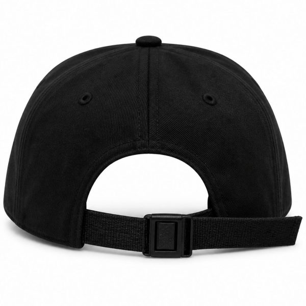 Back view of a black baseball cap with an adjustable strap and plastic buckle