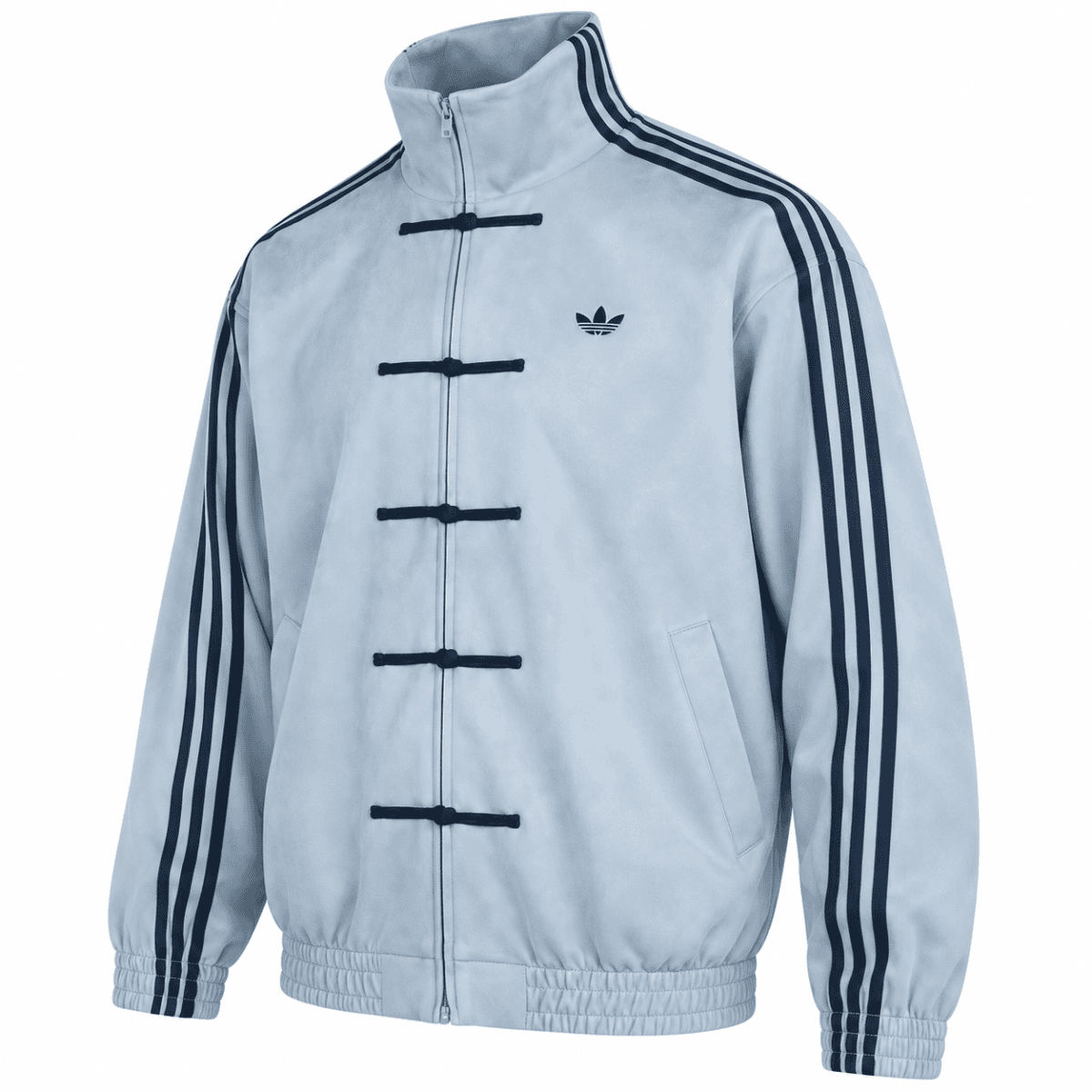 Light grey Adidas casual jacket with blue stripes and trefoil logo.