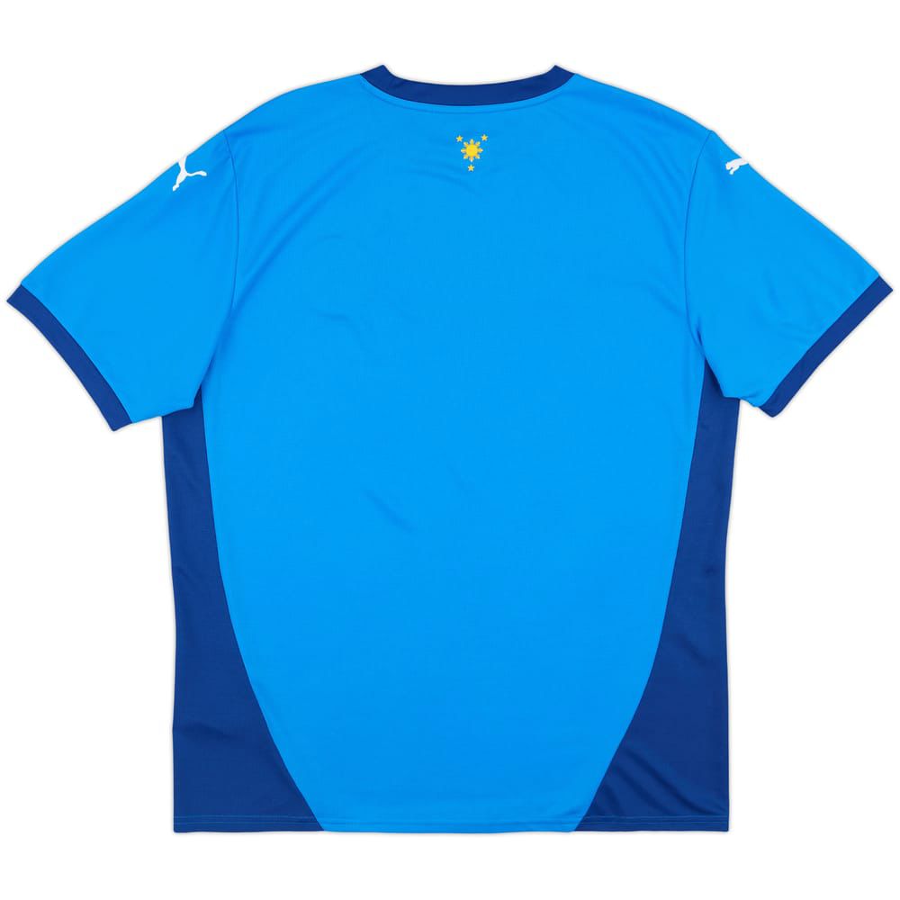 6db47ff5-33c1-443b-9f28-db1b0cea1bca | UAE SPORT STORE Back view of a bright blue athletic jersey with darker side panels and Puma logos on the sleeves.