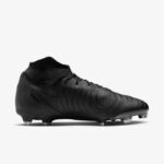 Black soccer cleat with a textured upper and molded studs for firm-ground play on a white background.