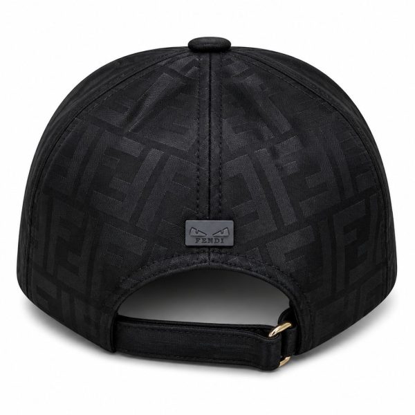 Black baseball cap with a subtle Fendi monogram pattern, back view, adjustable strap with gold buckle present.