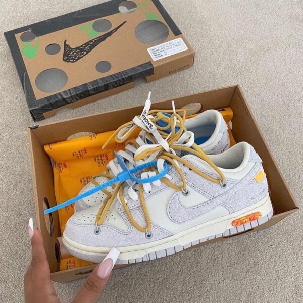 White and gray sneakers with blue and tan laces inside an open shoebox on a beige carpet.