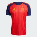 Red Spain national team jersey with blue sleeves, yellow crest and Adidas logo on the chest