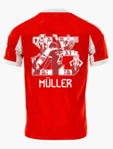 Red football/soccer jersey back with a white collage graphic and the name MÜLLER, number 25, on a red shirt.
