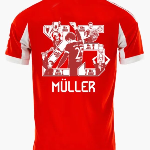 Red football/soccer jersey back with a white collage graphic and the name MÜLLER, number 25, on a red shirt.