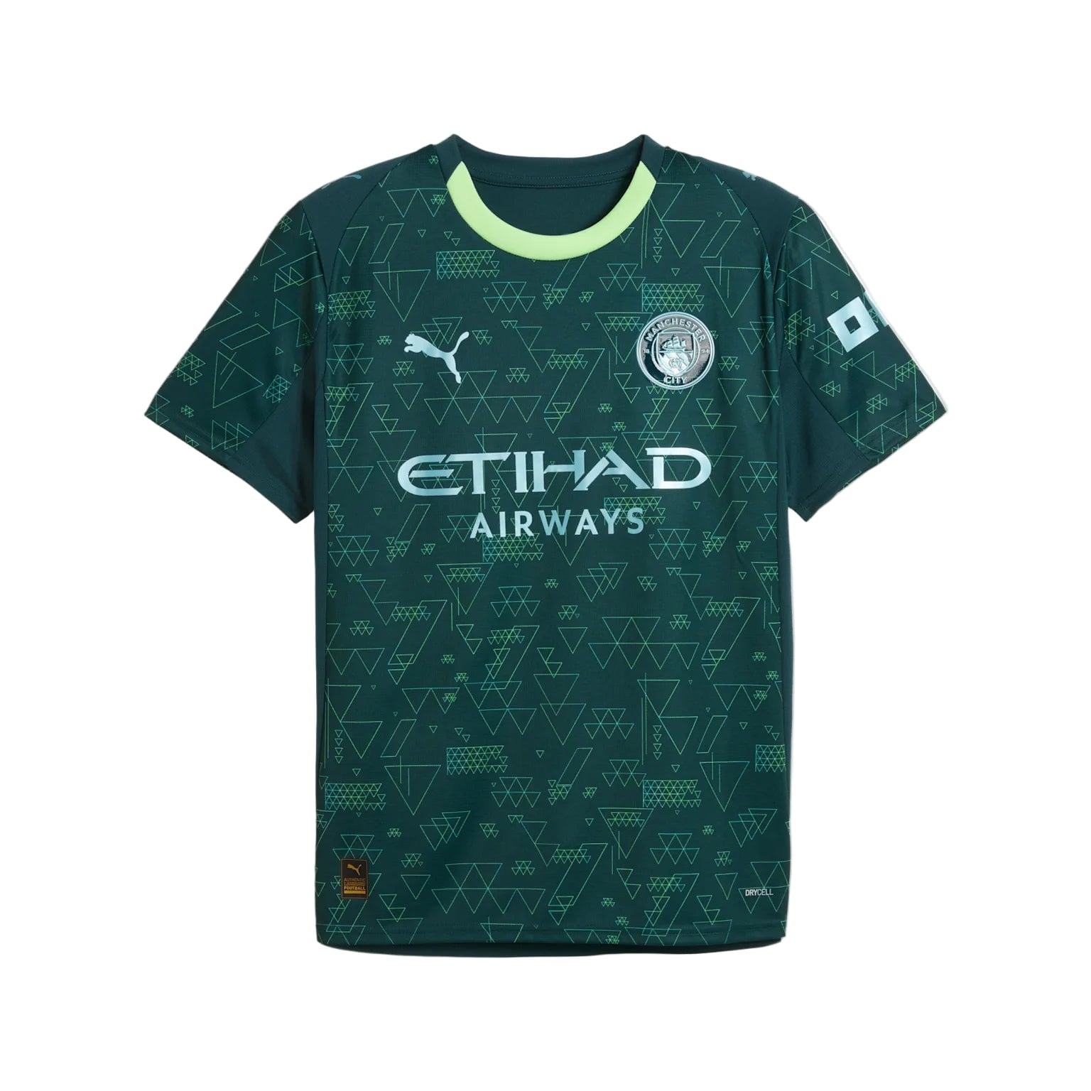 6l Dark green Manchester City jersey with geometric light-green triangles, neon collar, and Etihad Airways sponsor logo on the front.