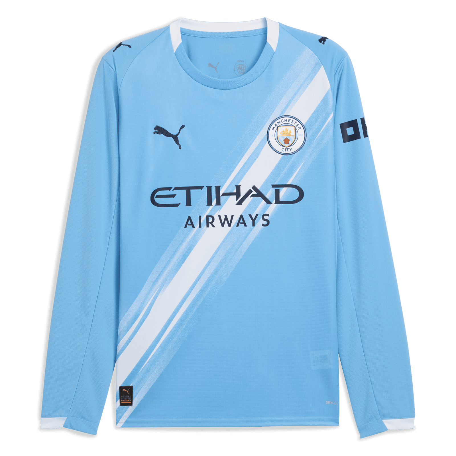 701237129001_pp_01_mcfc | UAE SPORT STORE Manchester City home jersey in light blue with diagonal white stripes and sponsor 'Etihad Airways' across the chest.