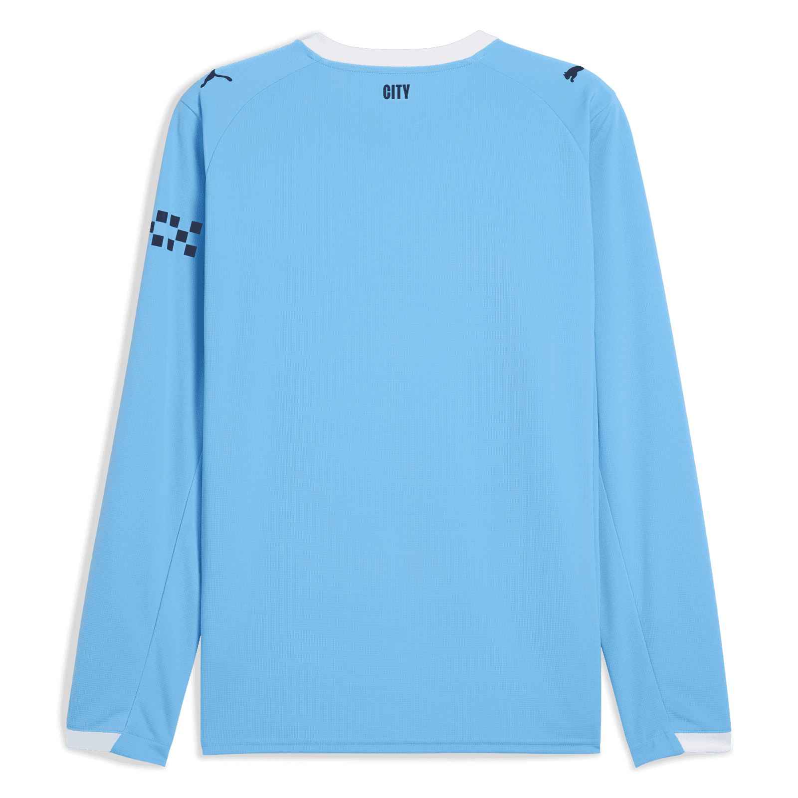 701237129001_pp_02_mcfc | UAE SPORT STORE Back view of a light blue long-sleeve sports jersey with a white collar edge, 'CITY' text at the neck, and dark logos on the shoulders; left forearm features a dark checker pattern.