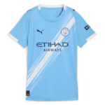 Light blue Manchester City football jersey with diagonal white stripes, club crest, and sponsor logo (Etihad Airways).