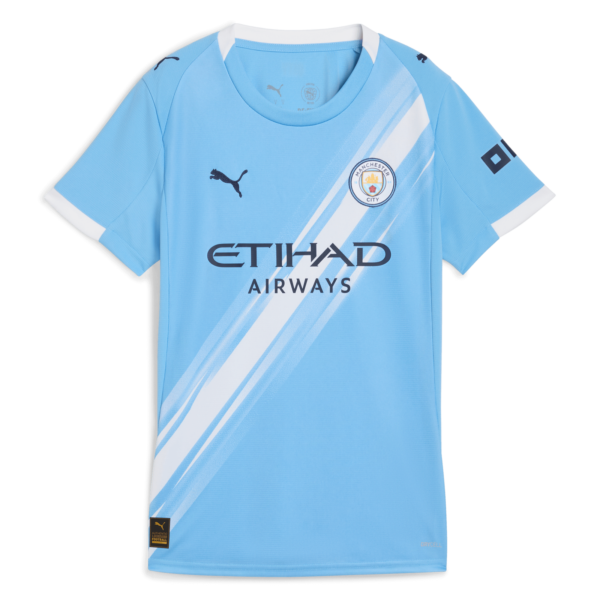 Light blue Manchester City football jersey with diagonal white stripes, club crest, and sponsor logo (Etihad Airways).