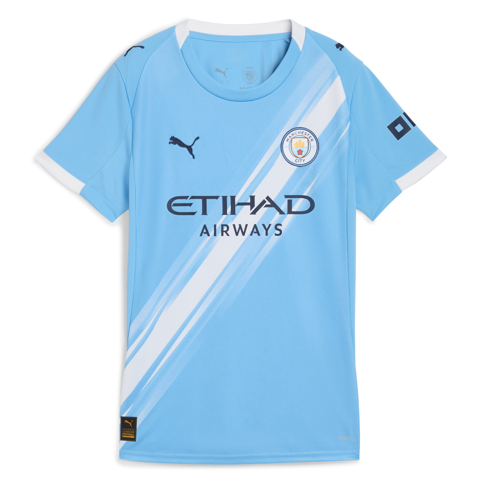 701237130001_pp_01_mcfc Light blue Manchester City football jersey with diagonal white stripes, club crest, and sponsor logo (Etihad Airways).