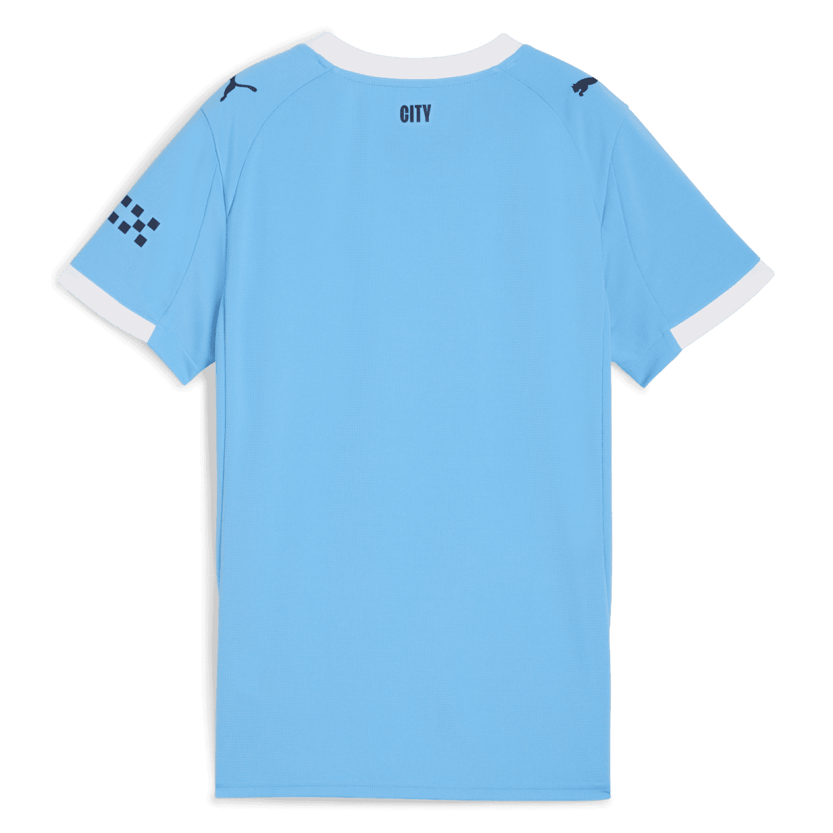 Back of a light blue sports jersey with white collar and cuffs, city name 'CITY' printed on upper back.