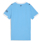 Back of a light blue sports jersey with white collar and cuffs, city name 'CITY' printed on upper back.
