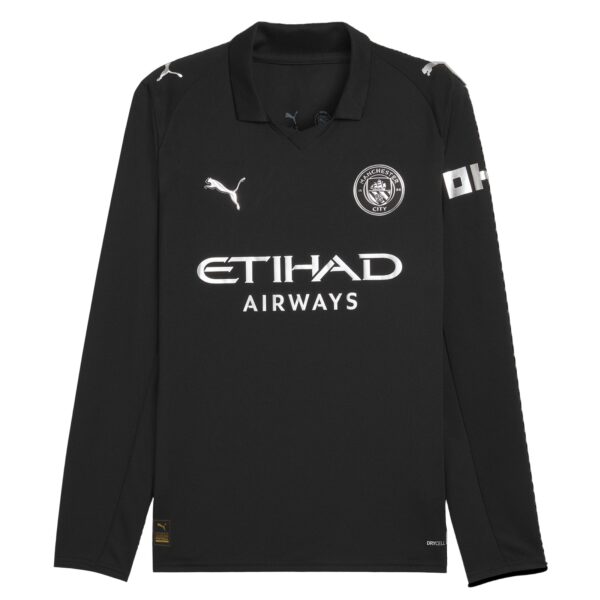 Black Manchester City football jersey featuring sponsor logos (Etihad Airways) and Puma crest on chest.
