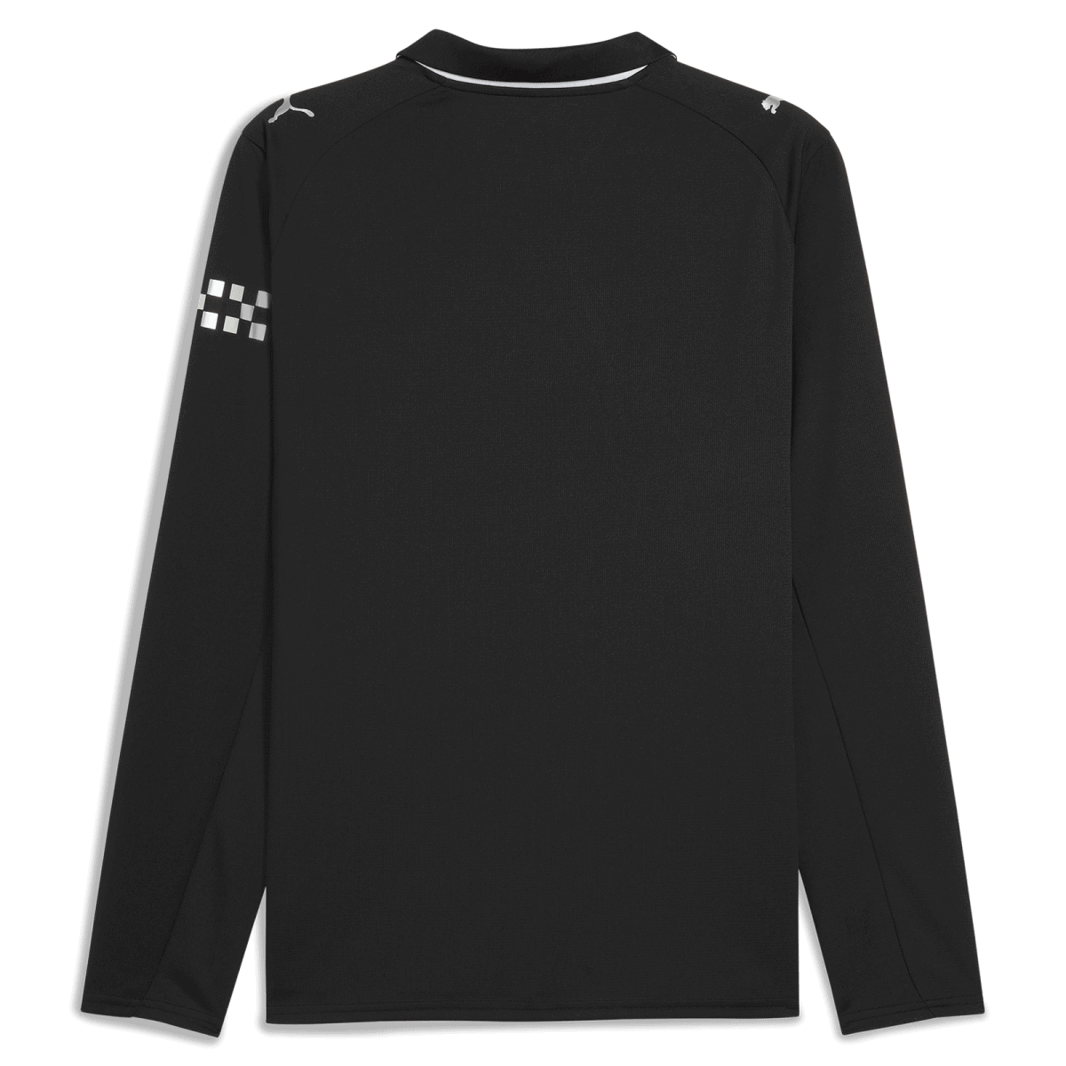 Back view of a black long-sleeve athletic jersey with white checker pattern on the left sleeve and small logos on the shoulders used for branding.