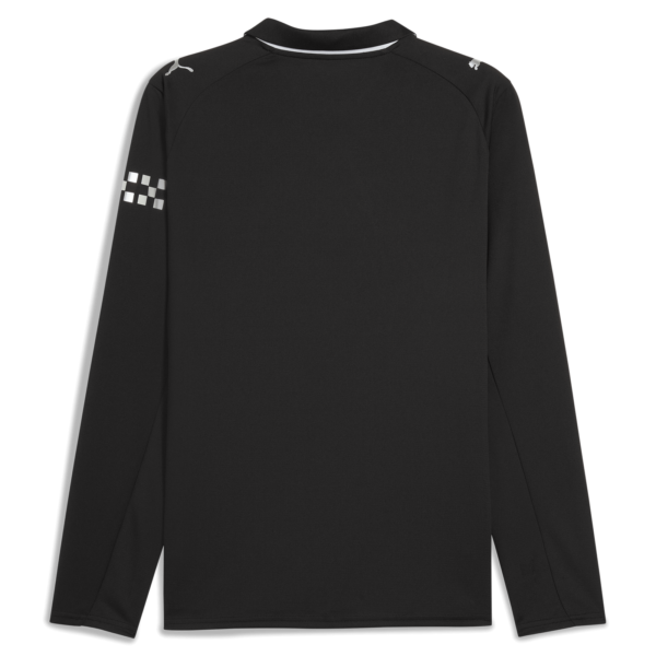 Back view of a black long-sleeve athletic jersey with white checker pattern on the left sleeve and small logos on the shoulders used for branding.
