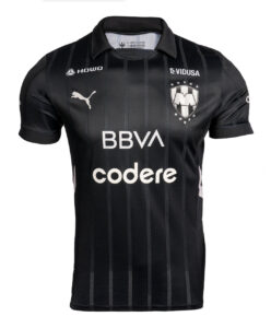 Black soccer jersey with vertical pinstripes, team crest on the left chest and sponsor logos (BBVA, code) across the front, and a Puma logo on the right chest.