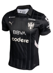 Black pinstripe football jersey with Monterrey club crest on the chest, plus sponsor logos BBVA and Codere and Puma branding.