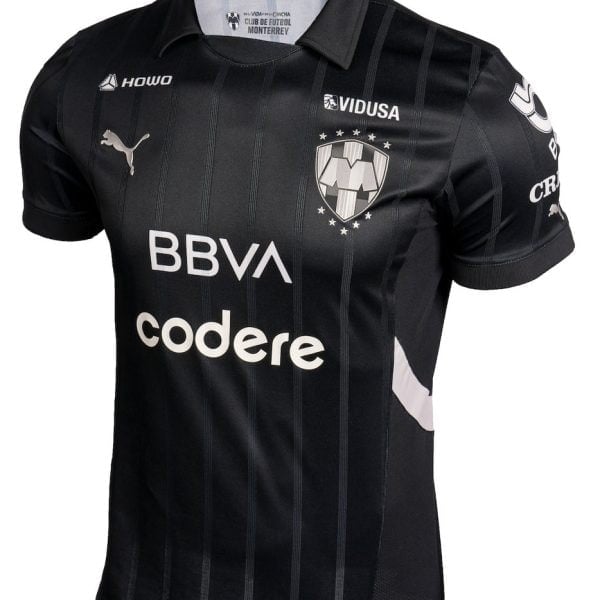 Black pinstripe football jersey with Monterrey club crest on the chest, plus sponsor logos BBVA and Codere and Puma branding.