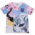 Colorful graphic T-shirt with a stylized fox mask, cherry blossoms, and a Japan IFA badge on the chest.