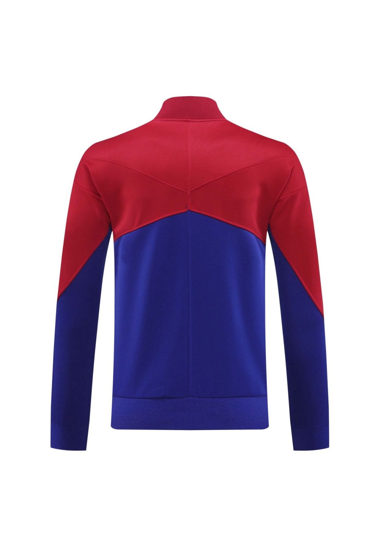 Back view of a red and blue color-block athletic jacket with a red upper panel and blue lower panel.